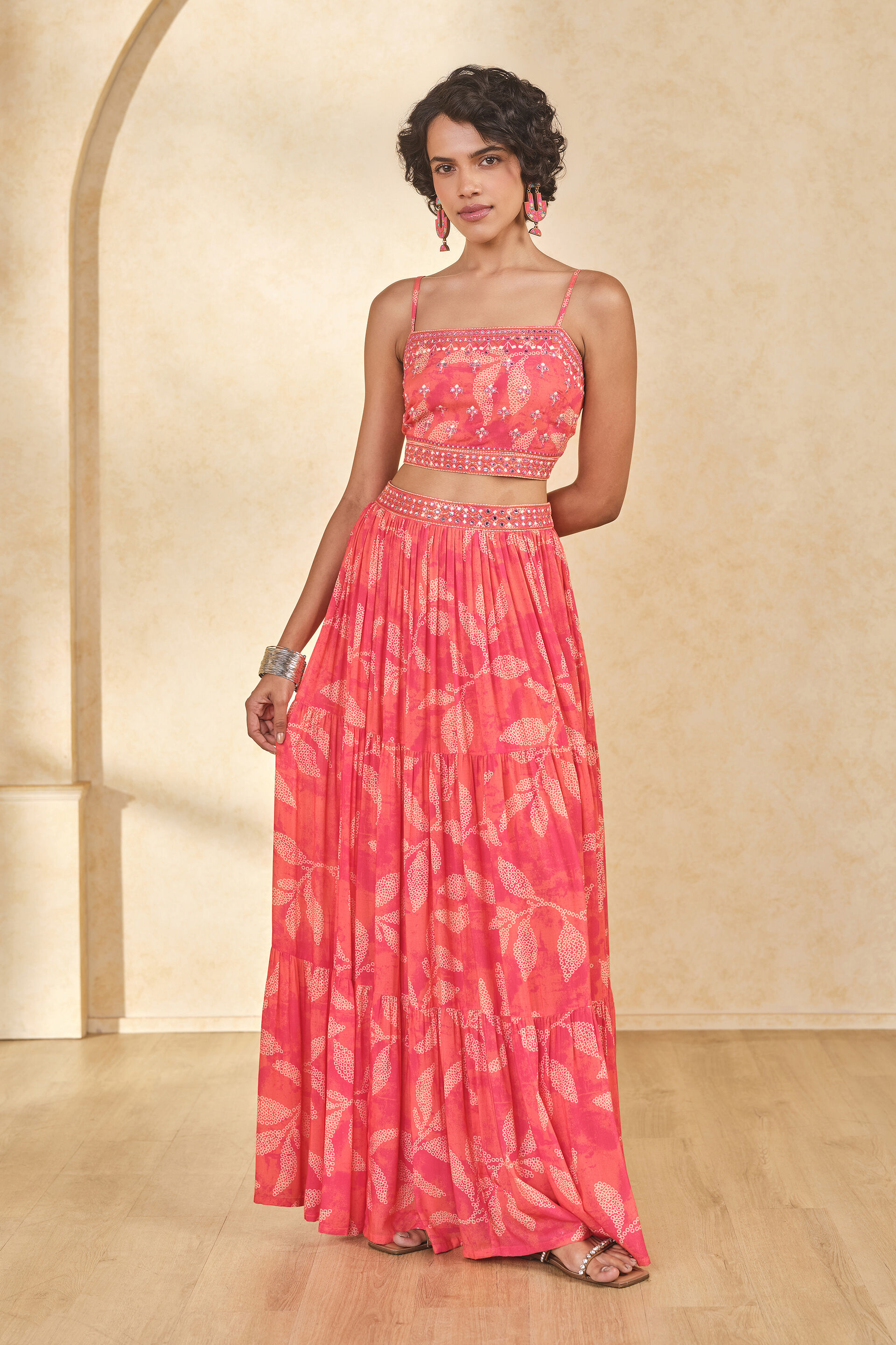 Leafy Print Skirt Set, Coral, image 12